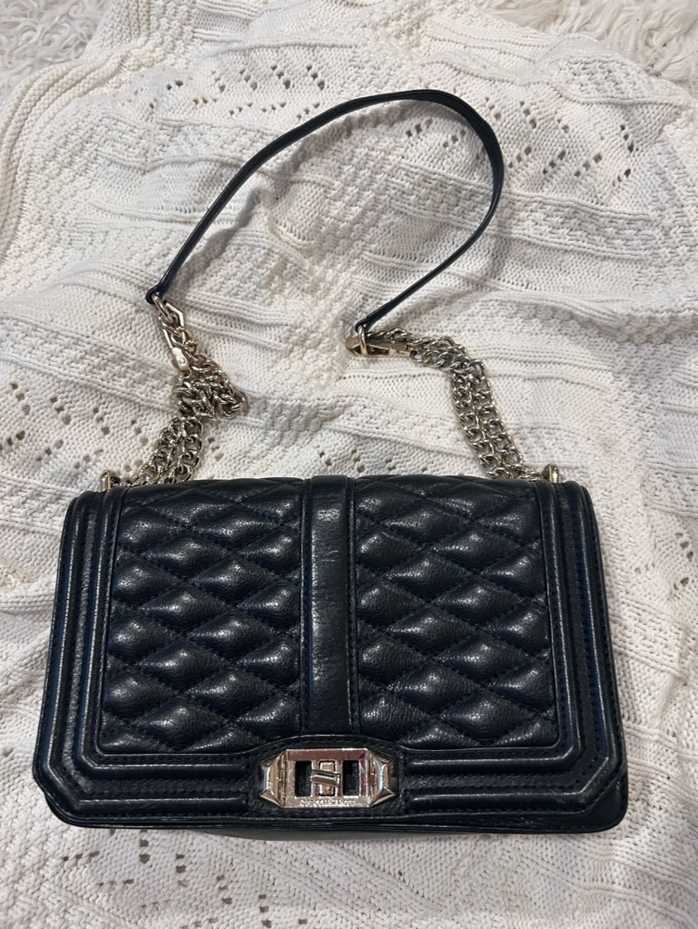 Rebecca Minkoff Love Quilted Black Leather Cross Body Bag with Chain Link Strap